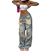 CFNZER Women Ripped Jeans Low Waist Baggy Distressed Denim Jeans Boyfriend Wide Leg Dad Jeans Streetwear American Retro