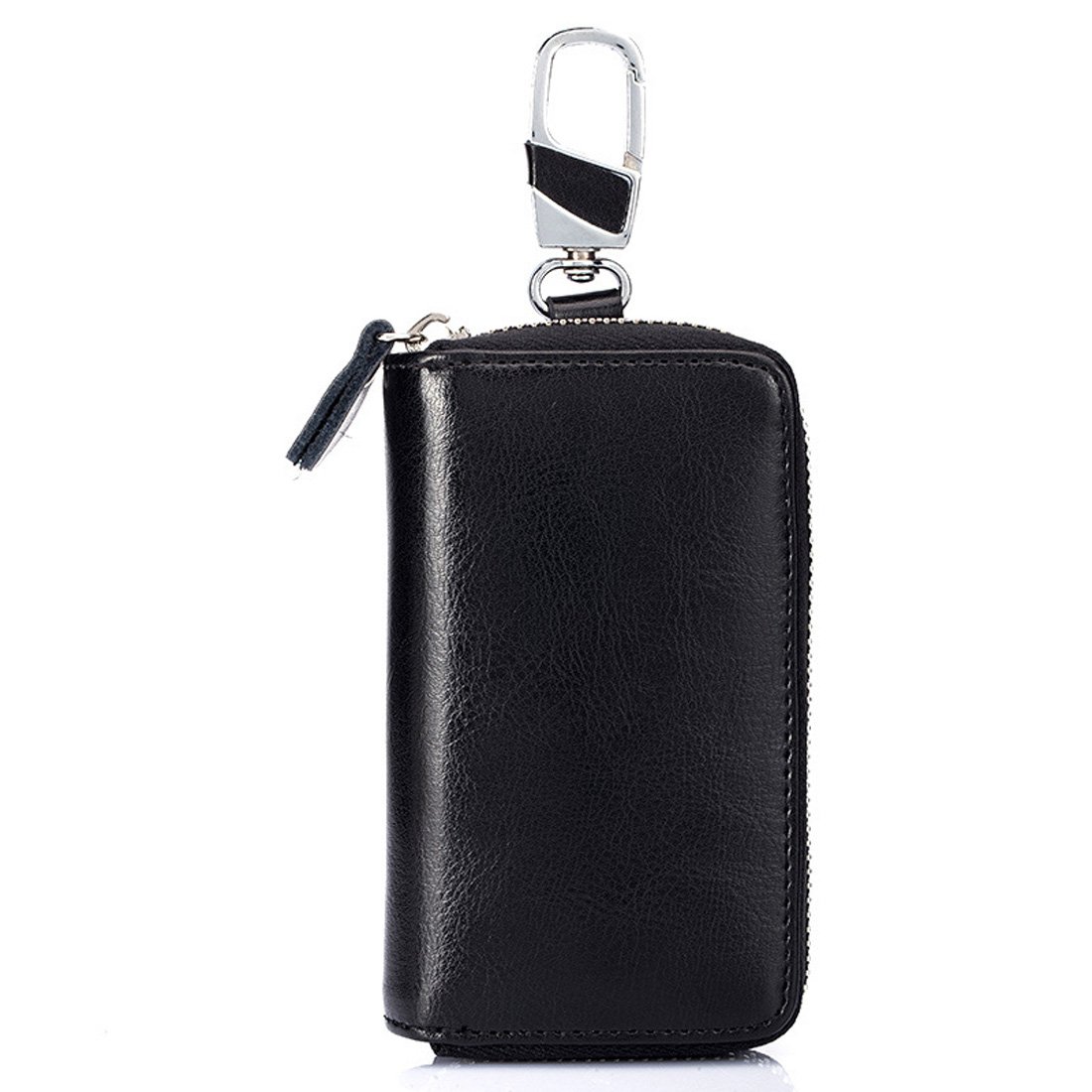 Genuine Leather Key Case Car Key Wallet with 12 Hook Zip Around Keychain Holder for Men and Women (Black Smooth Leather)