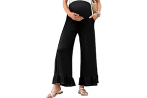 Yousify Womens Maternity Pants Soft Ruffle Flowy Lounge Palazzo Pants Pregnancy Wide Leg Trousers
