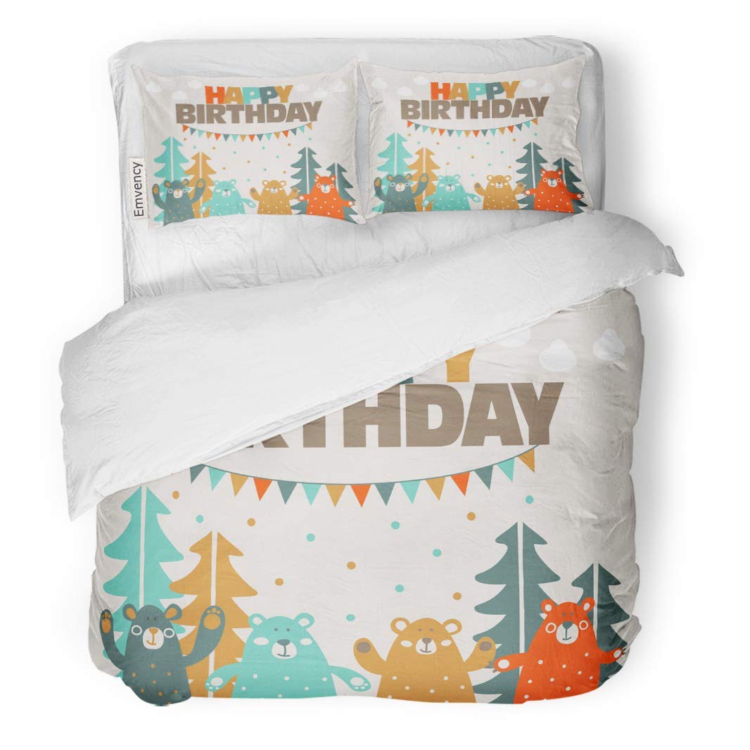 Tarolo Bedding Duvet Cover Set Happy Birthday Lovely Funny Cute Bears in Forest and Garlands Ideal Party Kindergarten Baby Preschool Children 3 Piece Queen 90"x90" Quilt Cover with Zipper Closure