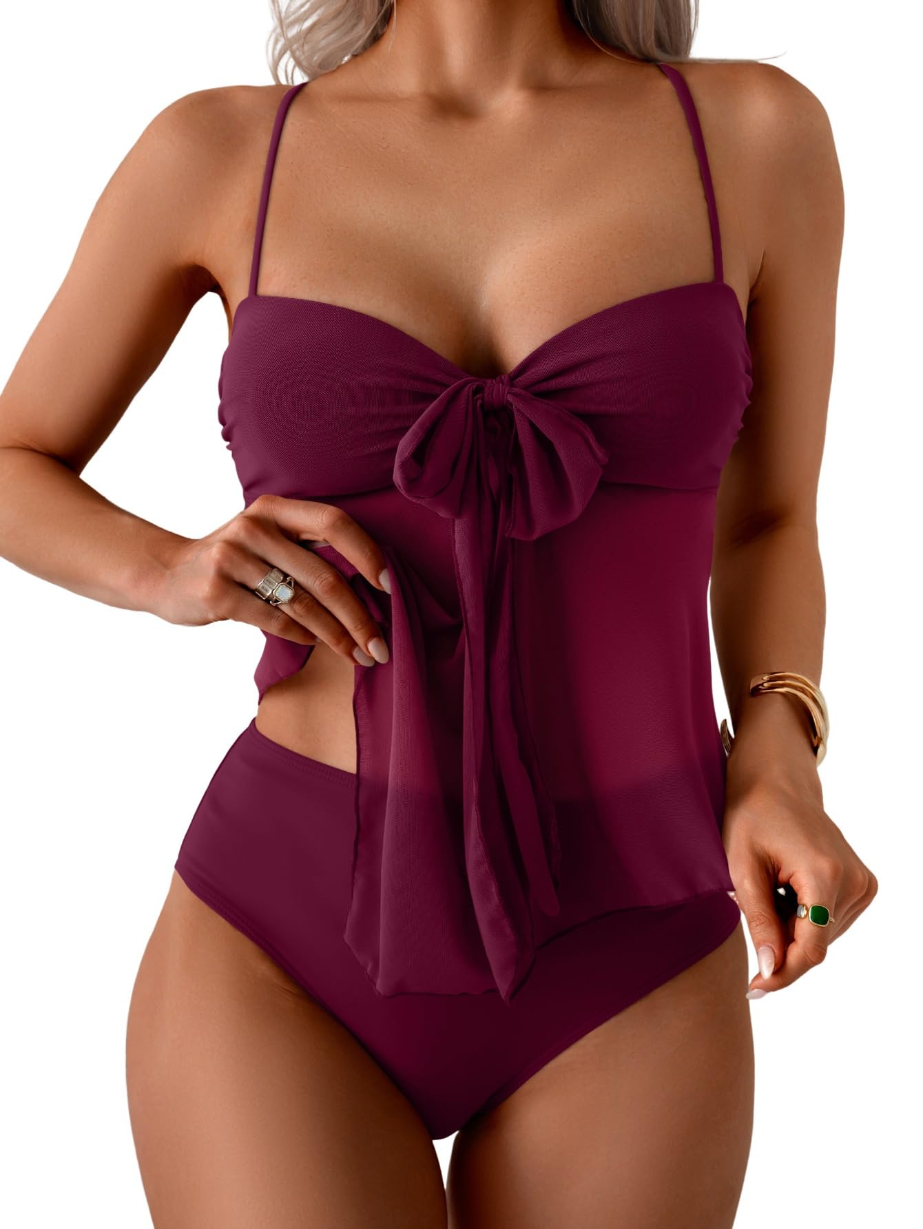 Photo 1 of B2prity Womens Mesh Tankini Swimsuits Flowy Two Piece Bathing Suit V Neck Tie Knot Swim Top with High Waisted Bottom Wine Red SIZE MEDIUM 