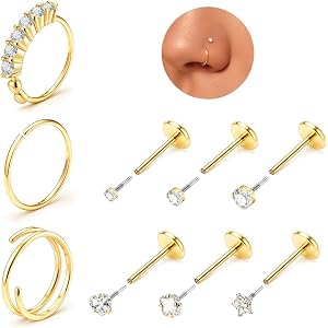 Nose Rings Studs for Women Men, 20G 18G 14K Gold Silver Hypoallergenic Surgical Stainless Steel Nose Rings CZ Heart Star Inte