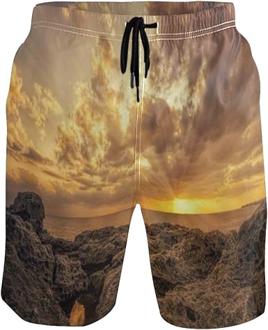 Lisniany Mens Swim Shorts Ocean Rock Fantasy Sunrise Coastal Stone Reef Rising From Sea Level Ash Clouds Sky Quick Dry Summer Casual Surf Board Beach Shorts With Mesh S Amazon Co Uk Clothing