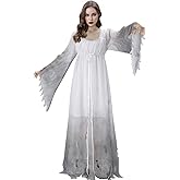 HLENOK Adult Women Gossamer Ghost Bride Costume Dress White Gothic Victorial Scary Spooky Zombie Halloween Cosplay Dress Up