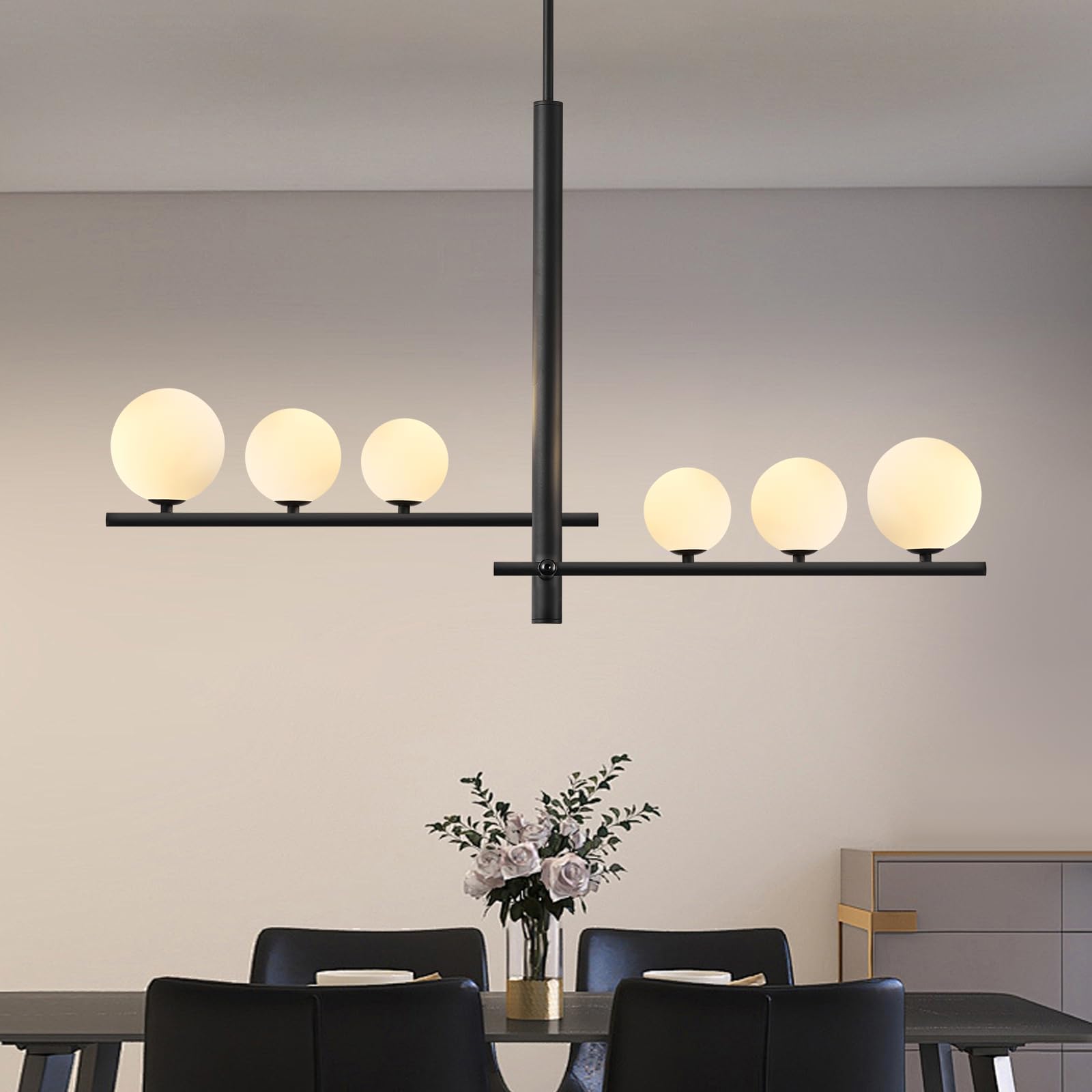 Photo 1 of 6-Light Black Pendant Light Modern Sputnik Chandeleir for Dining Room Mid Century Globe Chandelier with Milk Glass Shade Sputnik Ceiling Light Fixture for Entryway Kitchen Island Foyer Bedroom