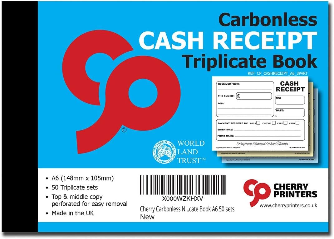 Cherry Carbonless (NCR) Cash Receipt Triplicate A6 50 Sets Perfect for Self Employed and Small Businesses **2 Pack** — image 1
