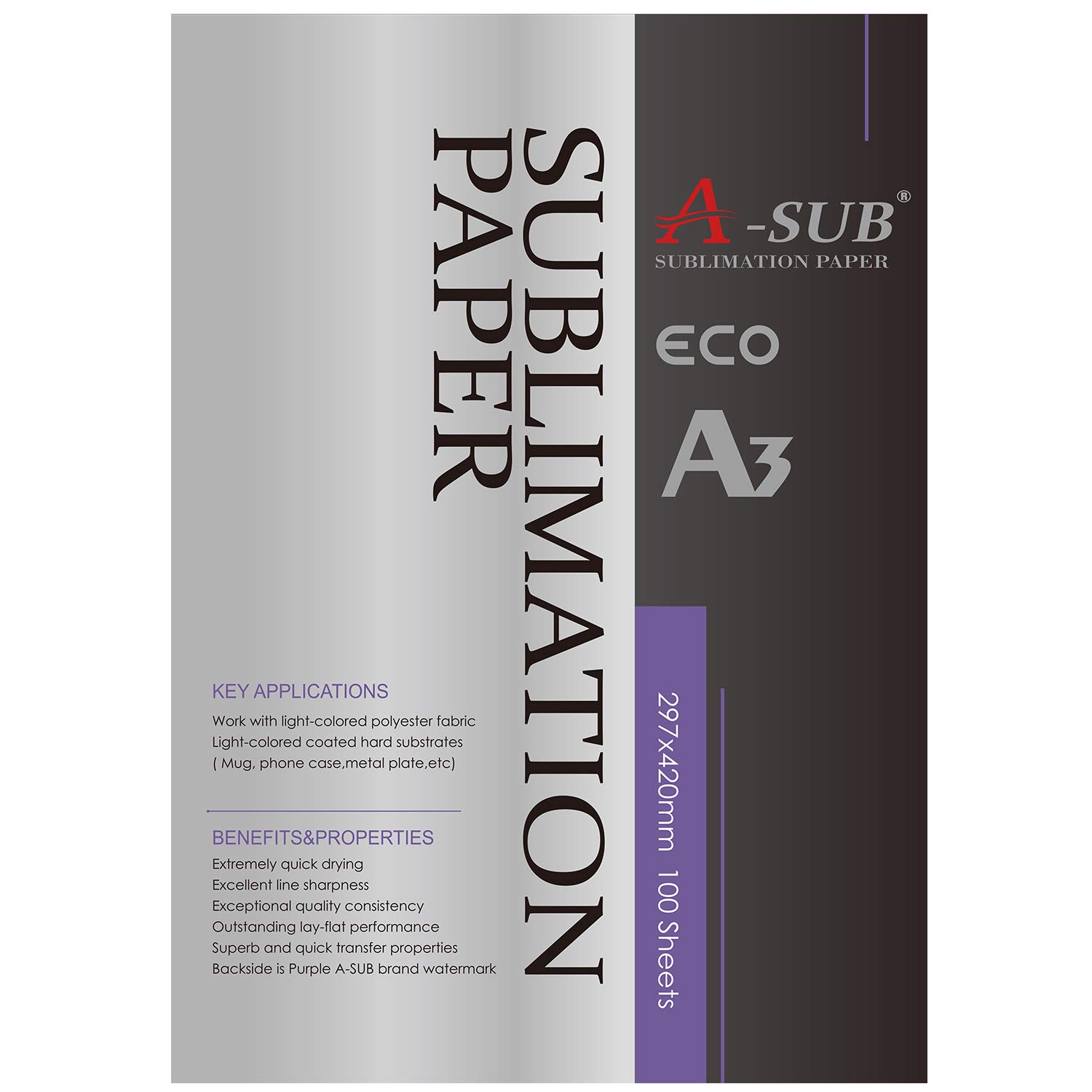 A-SUB Sublimation Paper A3, 297x420mm, 100 Sheets, Compatible with EPSON, SAWGRASS, RICOH, Brother Sublimation Printers