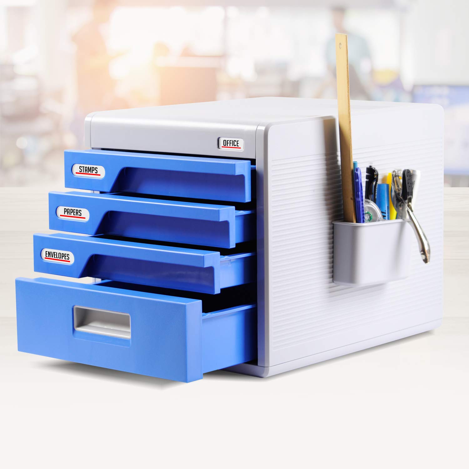 Locking Drawer Cabinet Desk Organizer - Home Office Desktop File Storage Box w/ 4 Lock Drawers, Grea