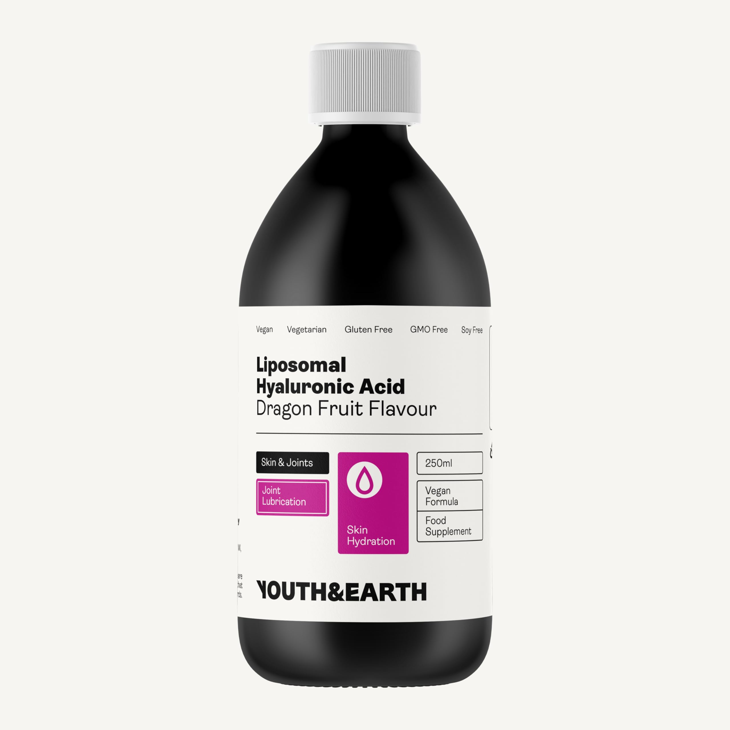 Youth & Earth Liposomal Hyaluronic Acid Liquid - Pure Hyaluronic Acid Supplements for Natural Skin Hydration & Joint Supplements for Men & Women - 100% Vegan Formula Dragon Fruit Flavor (250ml)
