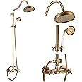 gotonovo Luxury Exposed Shower Faucet Set Bathroom Shower System 8 Inch Wall Mount Rainfall Shower Head with Handheld Spray Cross Double Handle Shower Fixture Adjustable Arc Rod Antique Brass