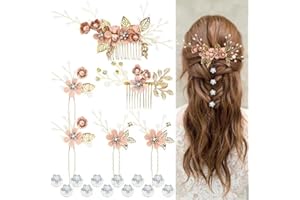 Cinaci 18 Pieces Bridal Wedding Party Prom Pearl Rhinestone Pink Flower Hair Side Combs Slides+U-shaped Flower Hair Pins+Twist Spiral Hairpins Floral Headpieces for Brides Bridesmaids Women Girls
