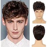 Swiking Men Brown Short Wigs Curly Fluffy Natural Synthetic Hair with Bangs Halloween Daily Full Wig for Male Guy