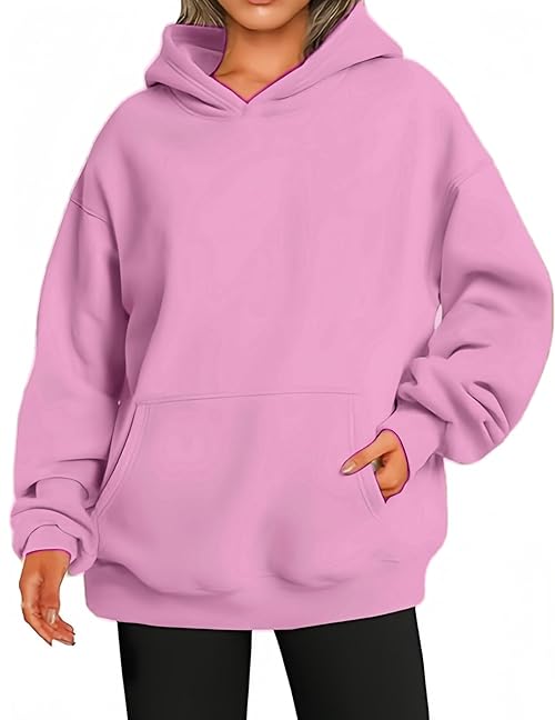 Zeagoo Pink Hoodie Women Casual Round Neck Oversized Hoodies with Pocket Solid Colour Long Sleeve Ladies Top Autumn Dark Pink S