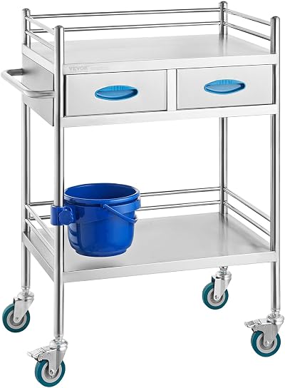 VEVOR 2-Layer Stainless Steel Lab Serving Utility Cart with Lockable Wheels &