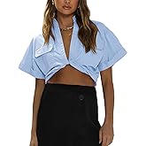 Imily Bela Womens Cropped Shirts Summer V Neck Twist Front Tops Blouses with Pockets