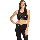 Anna-Kaci Womens Sleeveless Sequin V Neck Cropped Tank Top Clubwear Night Out, Silver