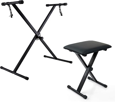 Crystals Single Braced X Frame Music Keyboard Stand and Chair Set Black