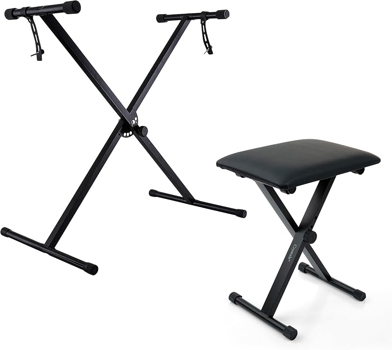 Crystals Single Braced X Frame Music Keyboard Stand and Chair Set Black