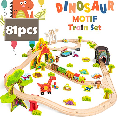 COSSY Dinosaur Theme Wooden Train Set - 81 pcs Railway Tracks & Accessories, Magnetic Trains Cars for Toddlers & Older Kids (Large)