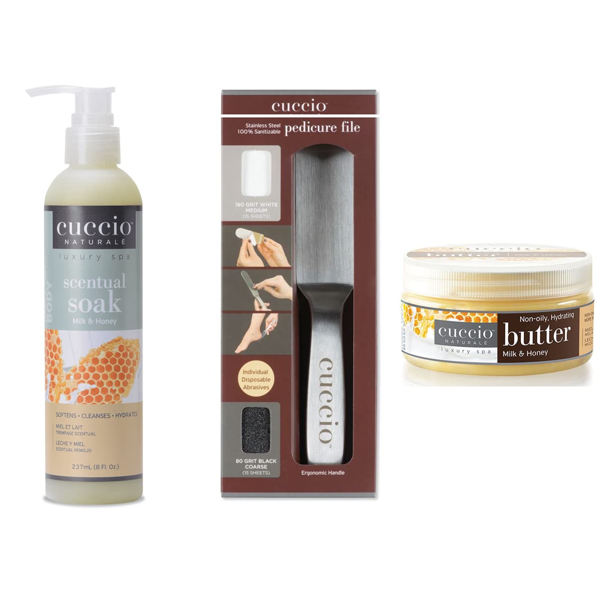 Cuccio Pedicure Trio Pack- Stainless Steel Pedicure File with Milk & Honey 8oz Butter & Scentual Lotion 8oz