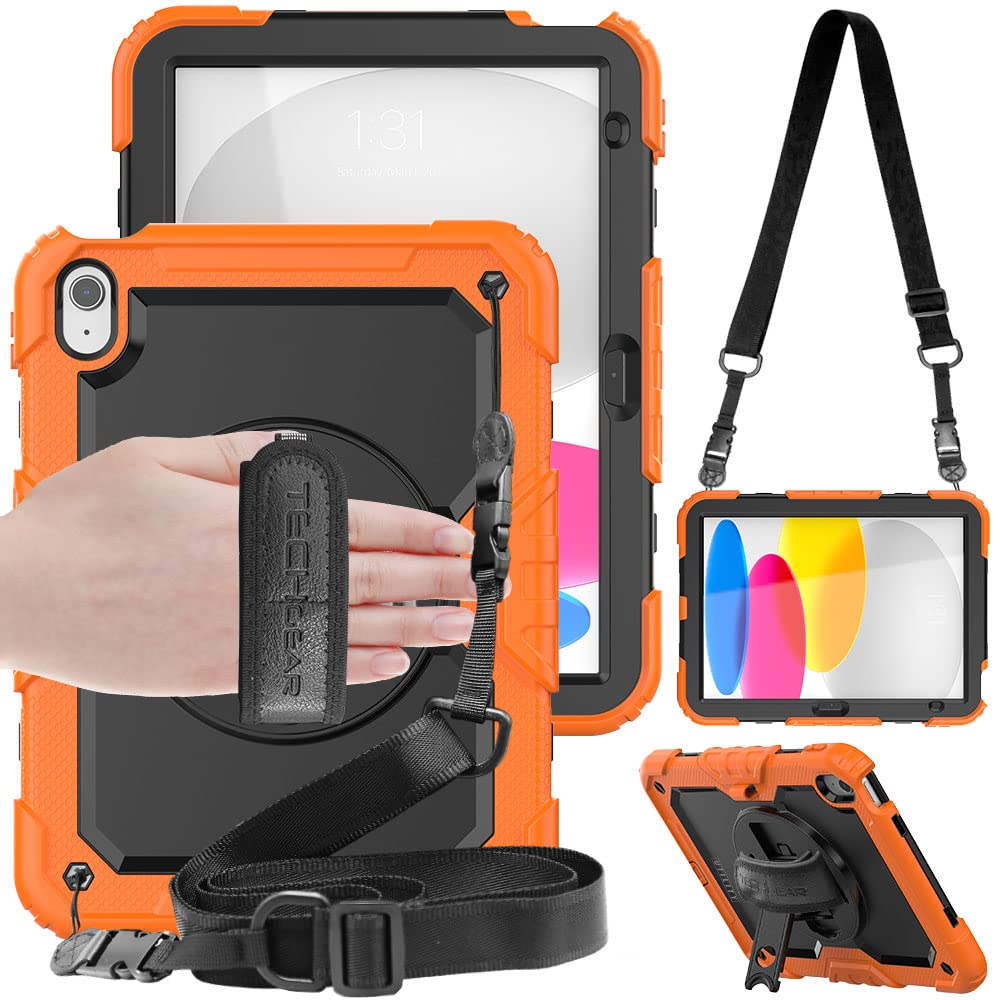 TECHGEAR UTILITY Case for iPad 11" A16 (11th Gen 2025) & 10.9" (10th 2022), Rugged Heavy Duty Shockproof Cover Screen Protection, 360 Stand, Hand & Shoulder Strap - for Work, School, Travel, Orange