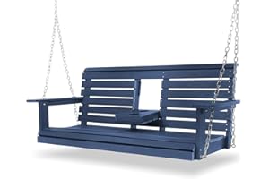 MOSBRISA Poly Lumber 3-Seat Porch Swing, HIPS 5-Feet Bench Swing with Foldable Cup Holders,18/8 Stainless Steel Hardware, High Backrest and Deep Contoured Seat (Navy Blue, 5-feet)