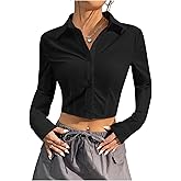 SOLY HUX Women's Button Down Crop Top Long Sleeve Collared Casual Cropped Shirt Blouse