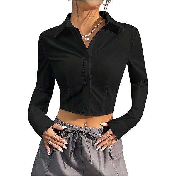 SOLY HUX Women's Button Down Crop Top Long Sleeve Collared Casual