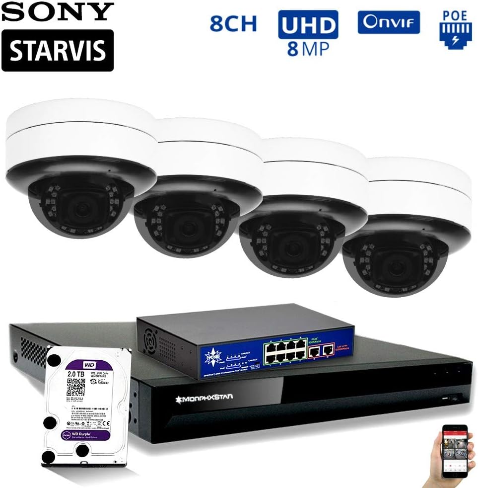 MorphXStar 8CH 4K NVR Network IP Security Camera System - 4 x HD 2160P 6MP 2.8~8mm Motorized Lens 80ft IR PoE IP Dome Camera + 2TB Hard Drive + 8 Ports PoE Switch