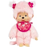 Monchhichi Sakura (Cherry Blossom) Girl Plush Toy - Pink | Pink Fluffy Fur with Blossom Bib &amp; Floral Hair Accessories &ndash; Cute Collectible Doll - Japanese Collectible