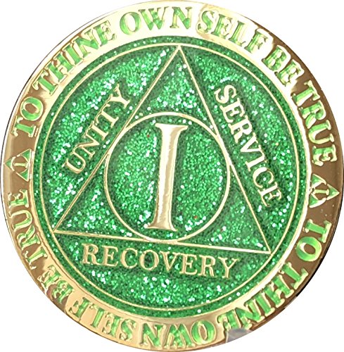 1 Year AA Medallion Reflex Green Glitter Gold Plated Chip