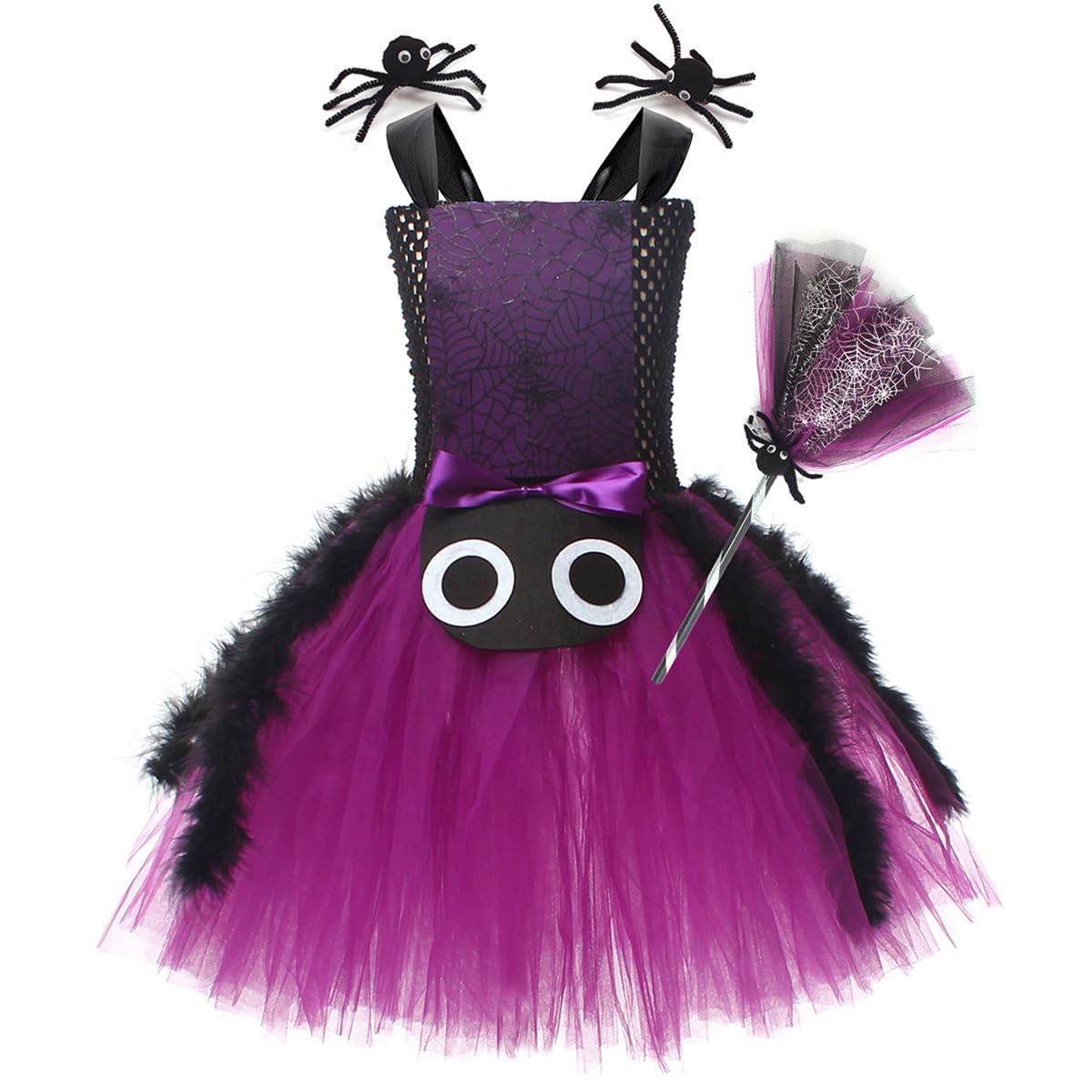 IBAKOM Girls Witch Costume Spider Ruffle Tulle Dress with 1 Pair Hair Clips and Broom Kids Spider Fancy Dress Up Outfit for Carnival Masquerade Party Purple 8-9Y
