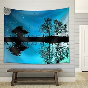 The Lake,Fence and and Trees on Dark Sky Background with Moon and Stars,Fantasy Illustration - Fabric Wall Tapestry Home Decor - 51x60 inches