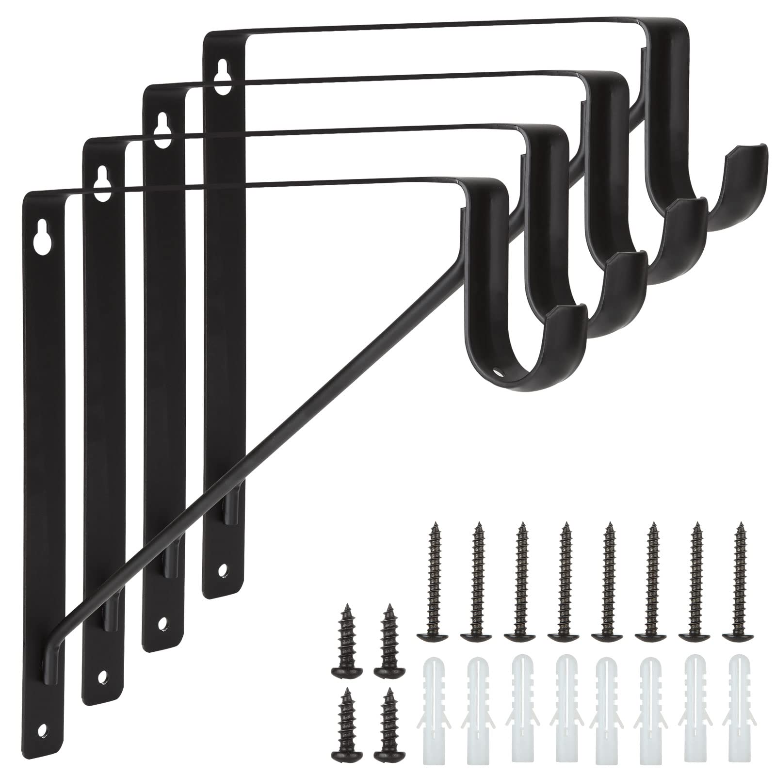 Holdware 4 Pack Heavy Duty Closet Rod Brackets Holder 11 x 10.2 x 1 Inch, Black Closet Rod Shelf Support Hooks Wall Mounted Shelf and Rod Support Brackets with Screws