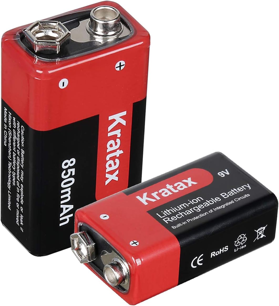9V Rechargeable Li-ion Battery,Kratax 850mAh 9V Battery Rechargeable,2 Pack 9V Batteries with Protection Board for Smoke Detector Alarm,Fire Alarm,Multimeter,Radio Microphone,Kids Toys Battery