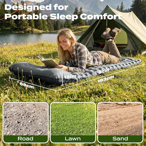 RUMBALUXY Inflatable Camping Sleeping Pad with Built-in Foot Pump Waterproof & Tear-Resistant 50D Nylon Mattress Portable, Compact Air Mat Camping Mat for Backpacking, Hiking, Tents, Grey