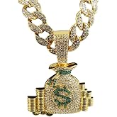 QDDollars Men&rsquo;s Hip Hop Rhinestone Dollar Money Bag Pendant Necklace Rock Rapper Jewelry, Gothic Punk Rock Iced Out Gold Lucky Dollar Sign Cuban Link Chain for Men