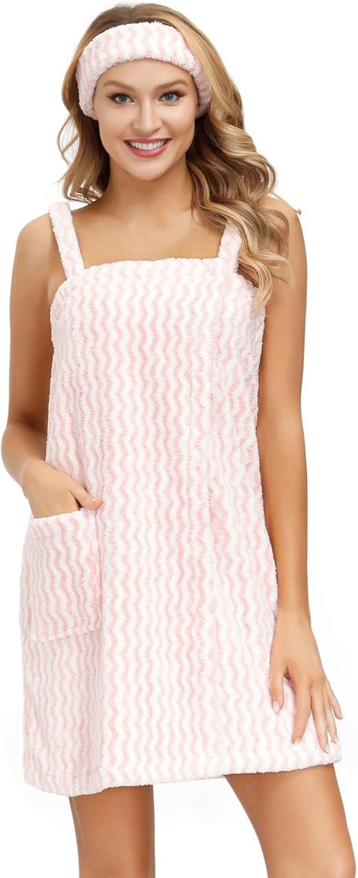 Zexxxy Women Plus Size Towel Dress with Straps Matching Headband Plush