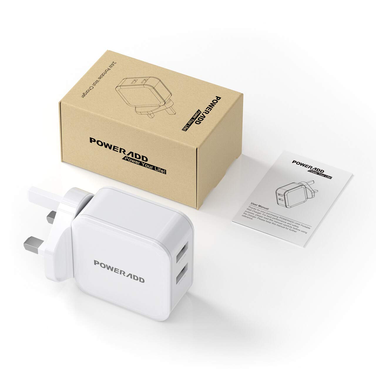 Poweradd USB Plug Charger-24W Dual Port USB Charger 2.4A Output Wall Chargers Power Adapter Compatible with iPhone 11 Pro/XS Max/XR/X/8 Plus, Galaxy, HUAWEI, HTC, Motorola, LG and More-White