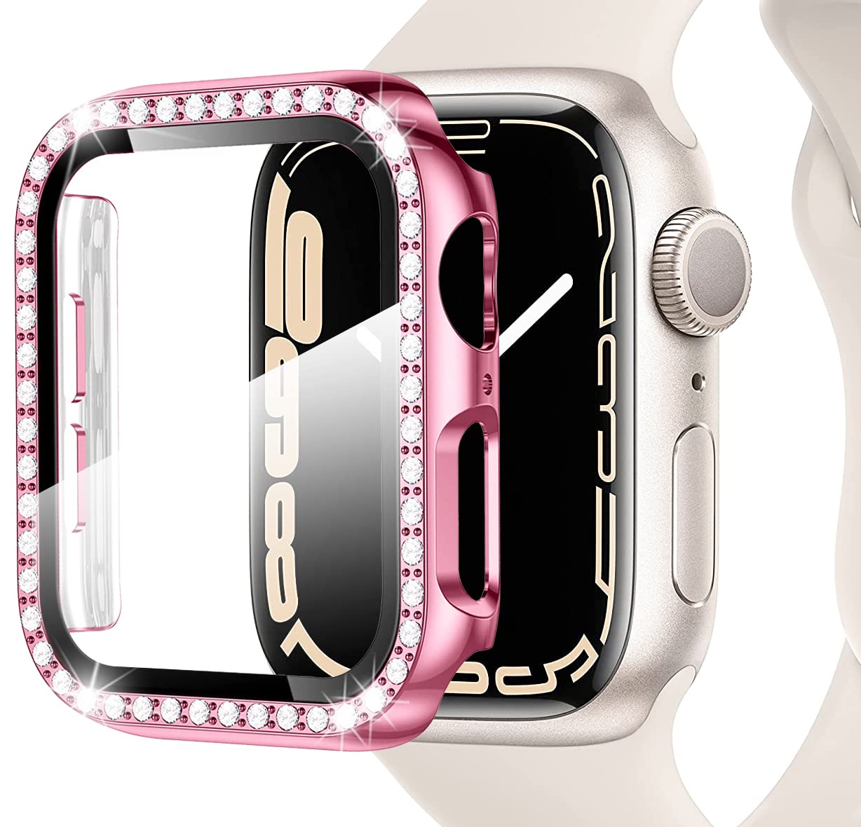 Miimall Bling Case Compatible for Apple Watch Series 8/7 41mm, PC Case with Tempered Glass Screen Protector&Crystal Diamonds, Ultra-Thin Full Protective Woman Bumper Cover for iWatch 8 41mm-Pink