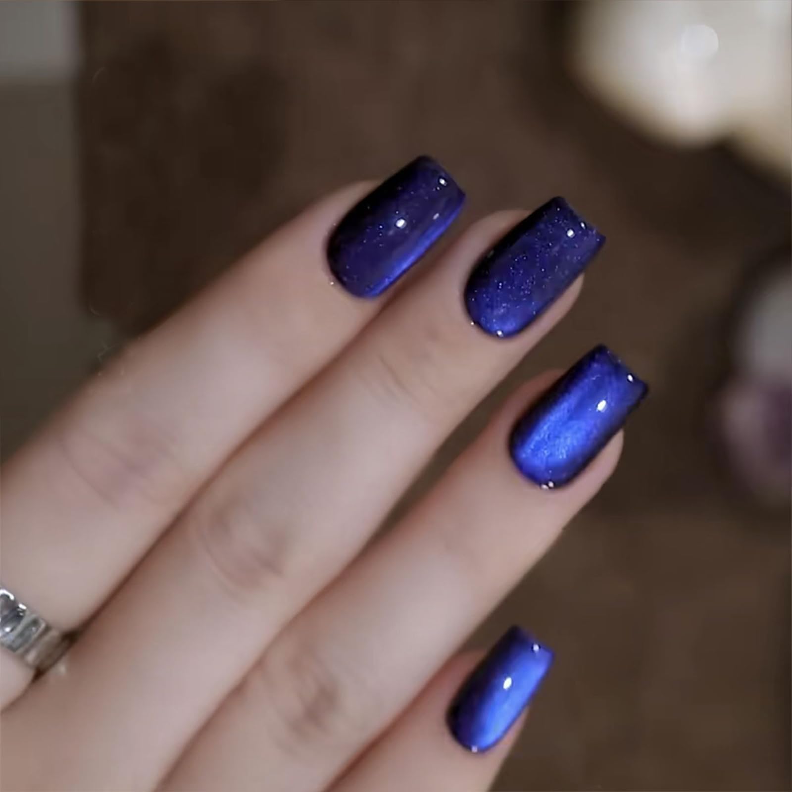 Blue Glitter Press on Nails Short Square Fake Nails False Nails with Design Glossy Acrylic Glue on Nails Press ons Shiny Artificial Nails Full Cover Stick on Nails for Women Manicure 24 Pcs - Image 5