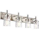 QueeuQ Bathroom Vanity Lighting Fixtures 4 Lights,Brushed Nickel Bathroom Vanity Lights with Clear Hammered Shade Wall Sconce