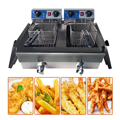ZXMOTO 20L Commercial Double Deep Fryer Chip Chicken Frying Timer and Drain Stainless Steel