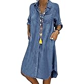 CHARTOU Women Long Sleeve Denim Button Up Shirt Dress Midi Jean Dress