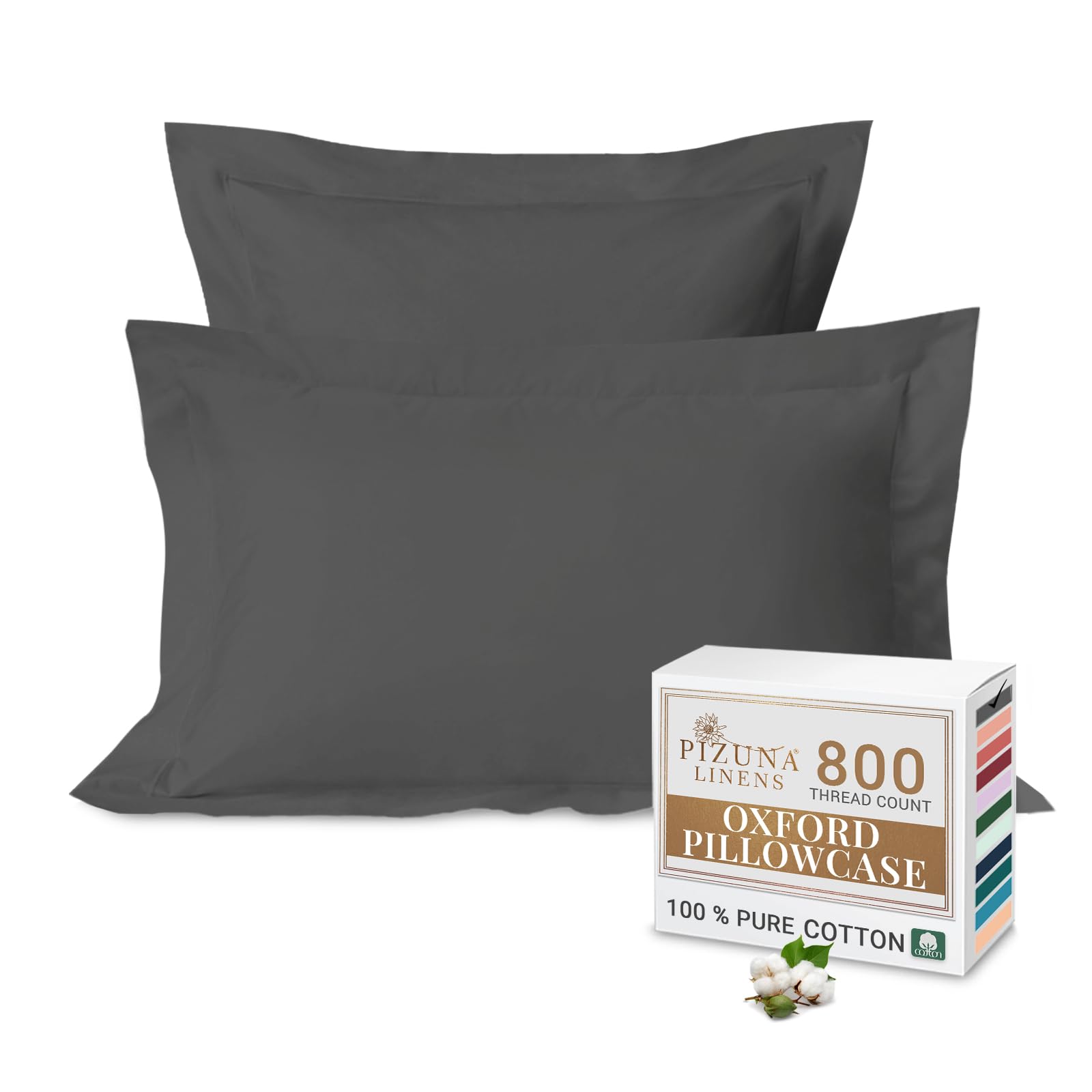 Pizuna Luxurious Cotton Standard Pillowcases 2 Pack Dark Grey 50x75cm, 800 Thread Count Long Staple Combed Cotton Pillow Cover, Crisp Sateen Weave Oxford Pillow Cases (Luxury Pillowcase 2 PC)