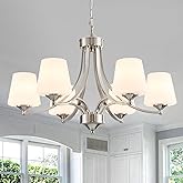 6-Light Brushed Nickel Chandeliers for Dining Room with Frosted Glass Farmhouse Silver Ceiling Hanging Lighting Fixtures Clas