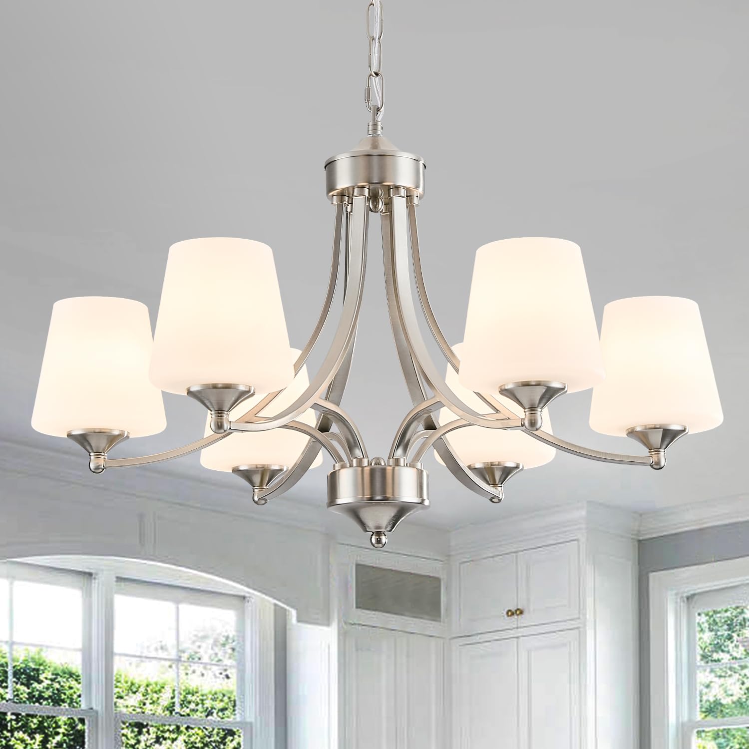 Photo 1 of 6-Light Brushed Nickel Chandeliers for Dining Room with Frosted Glass Farmhouse Silver Ceiling Hanging Lighting Fixtures Classic Pendant Lamp for Living Room,Dining Table,47.2 Height Adjustable