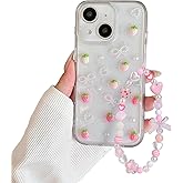 Fycyko Compatible for iPhone 15 3D Strawberry Pearl Bow Clear with Design Aesthetic Women Teen Girls Glitter Pretty Sparkle Sparkly Cute Girly Phone Cases Protective Cover+Pearl Chain