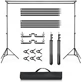 JORIXXY 10ft Backdrop Stand Kit with 2 Backdrop Stands &amp; Carry Bag | 10ft Adjustable Backdrop Stand Kit with 2 Backdrop Stands, 2 &times; 118" (3m) Crossbars, 2 x Crossbar Mounts, 6 x Backdrop Clips