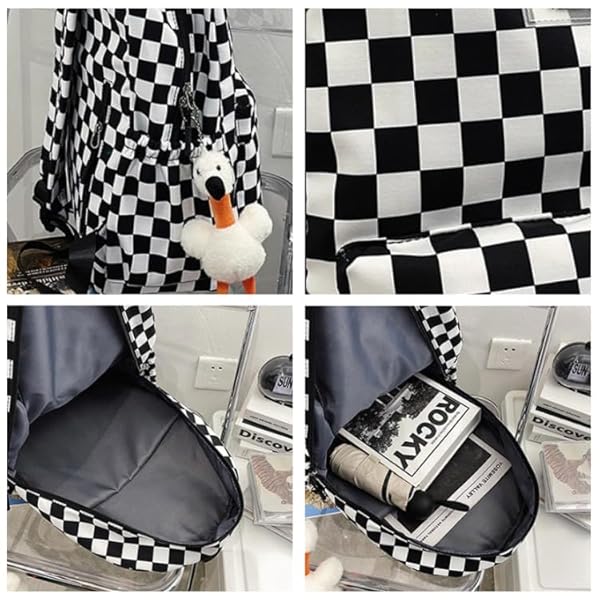 MININAI Y2K AESTHETIC CHECKERED BACKPACK WITH KAWAII PENDANT CHECKERBOARD BACKPACK CUTE PREPPY LAPTOP BACKPACK LIGHT RUCKSACK (ONE SIZE,PINK)